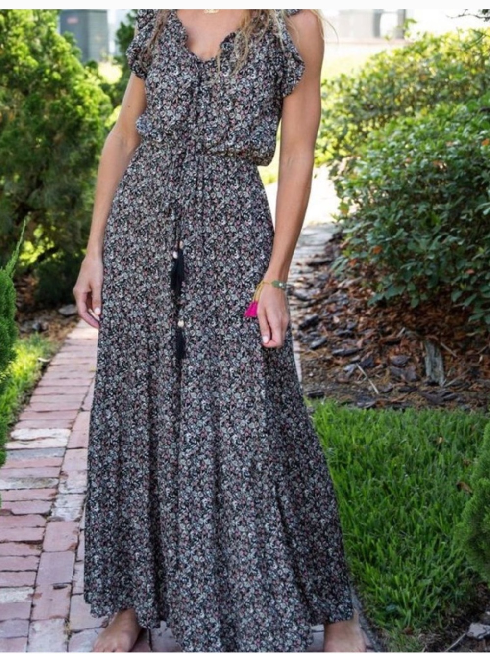 NATURAL LIFE Havana Nights Black Floral Ruffle-Tie Maxi Dress
